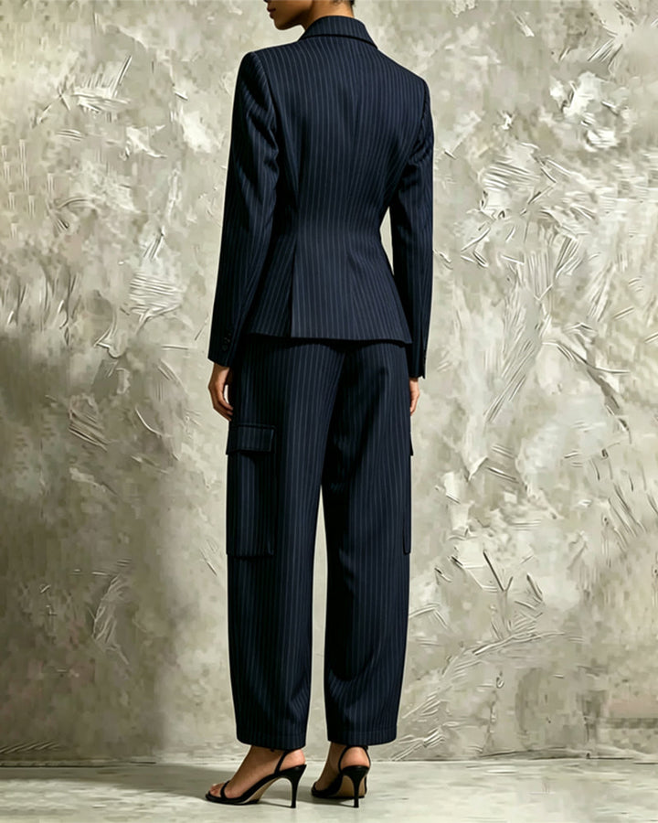 Mandarin Collar Pinstripe Wide Leg Pants Set