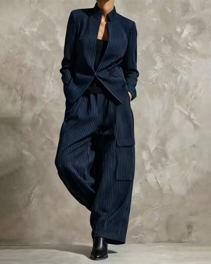 Mandarin Collar Pinstripe Wide Leg Pants Set