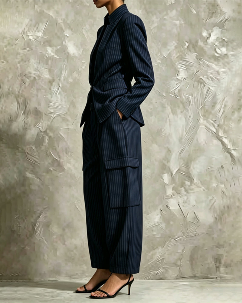 Mandarin Collar Pinstripe Wide Leg Pants Set