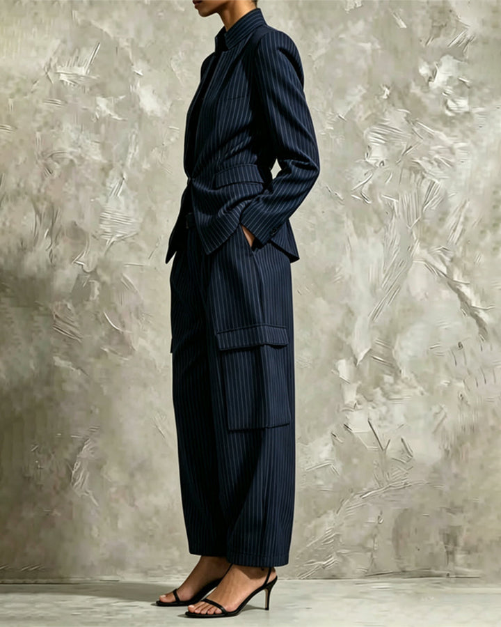 Mandarin Collar Pinstripe Wide Leg Pants Set