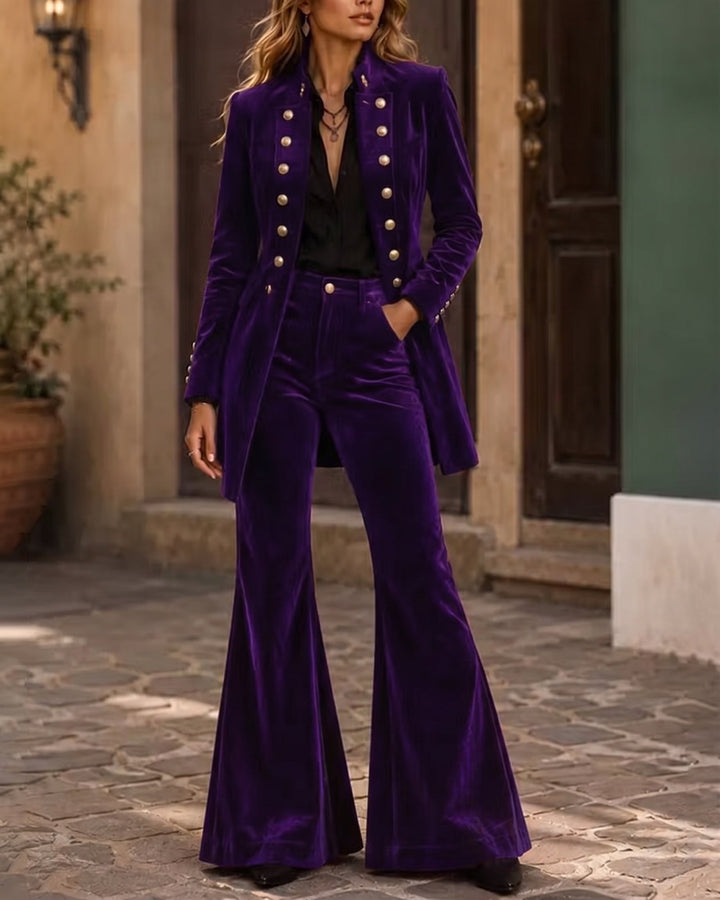 Military Velvet Double Breasted Bell Bottom Pants Set