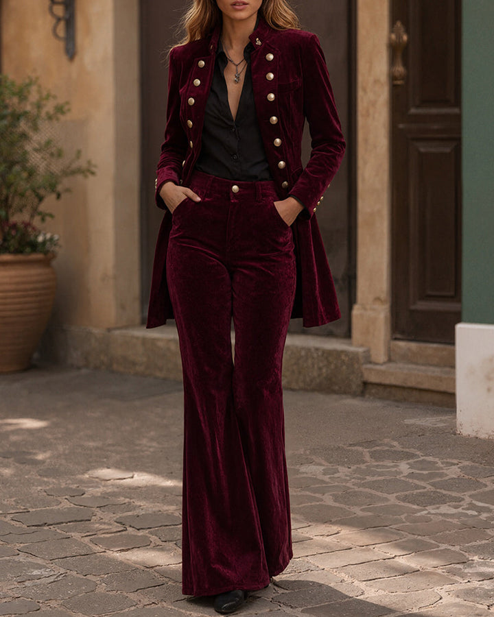 Military Velvet Double Breasted Bell Bottom Pants Set