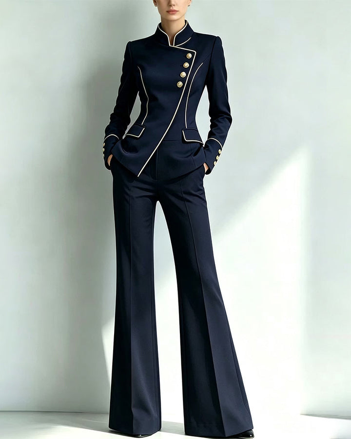 Piped Stand Collar Asymmetric Blazer Pants Set