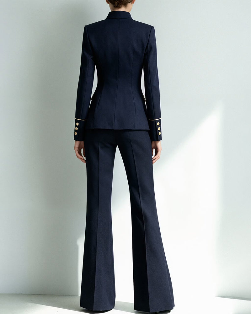 Piped Stand Collar Asymmetric Blazer Pants Set