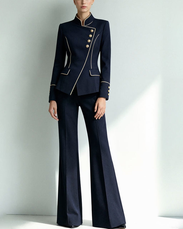 Piped Stand Collar Asymmetric Blazer Pants Set