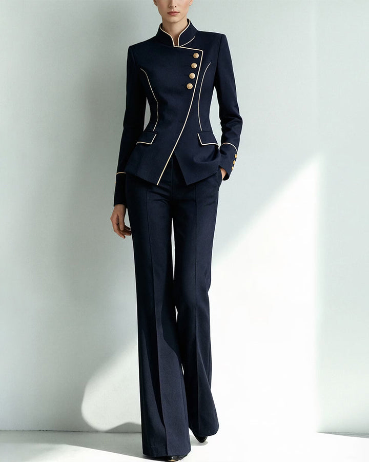 Piped Stand Collar Asymmetric Blazer Pants Set