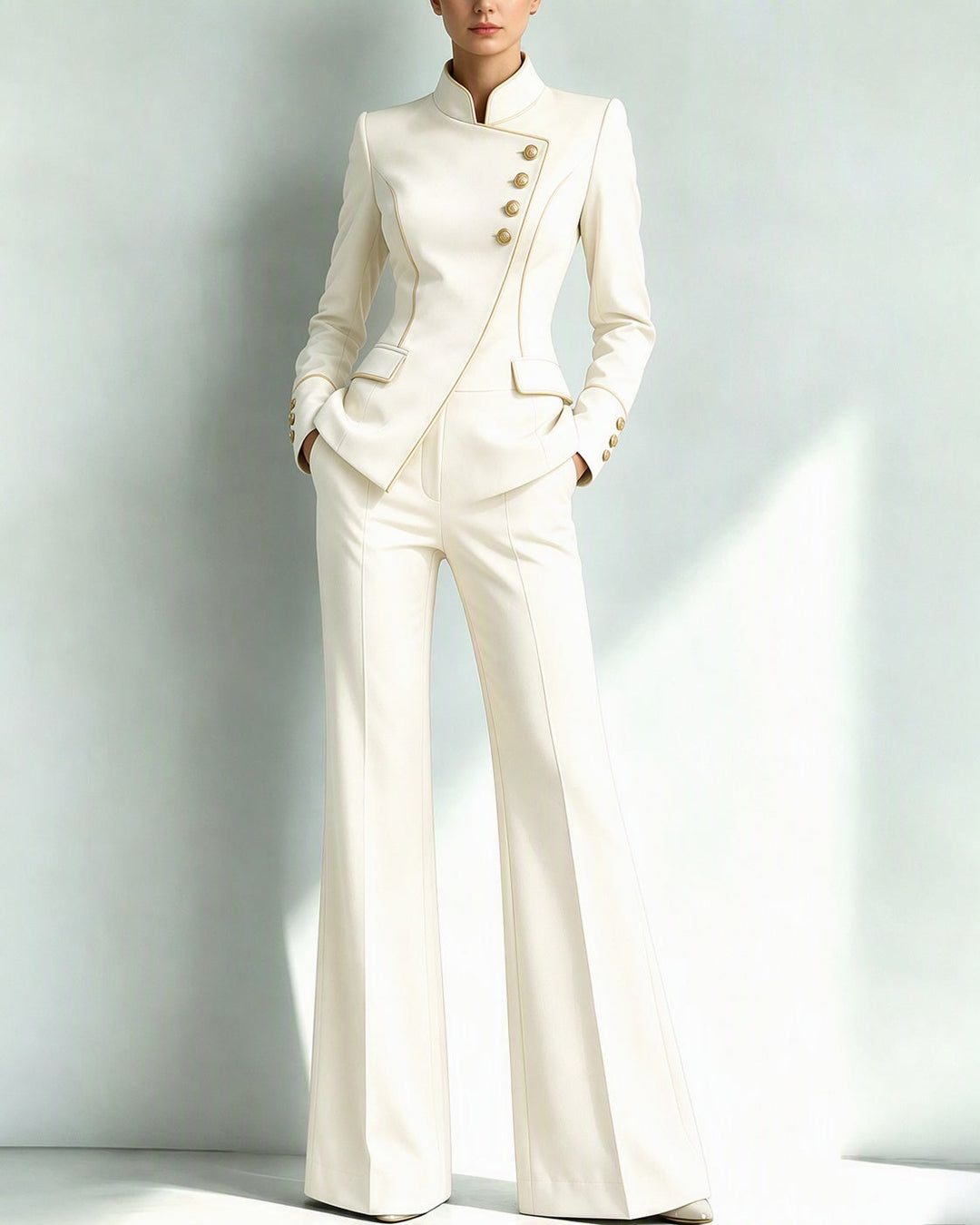 Piped Stand Collar Asymmetric Blazer Pants Set