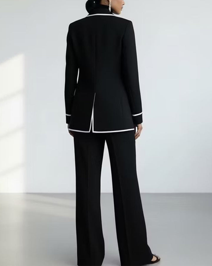 Contrast Piping Single Button Blazer And Wide Leg Pants Set