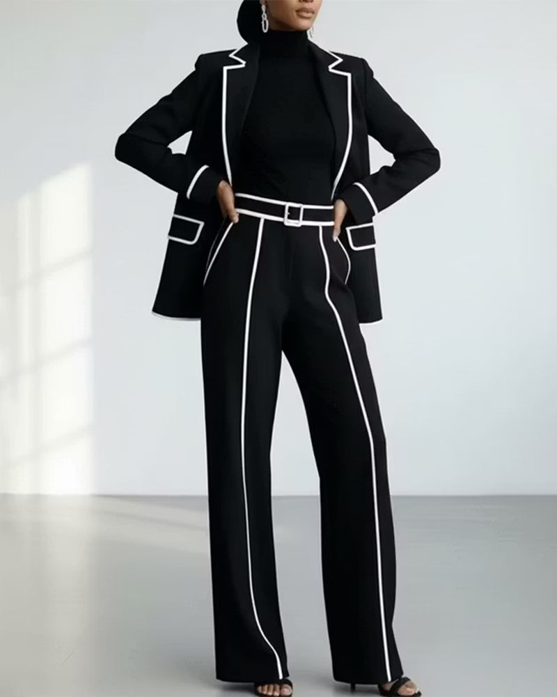 Contrast Piping Single Button Blazer And Wide Leg Pants Set