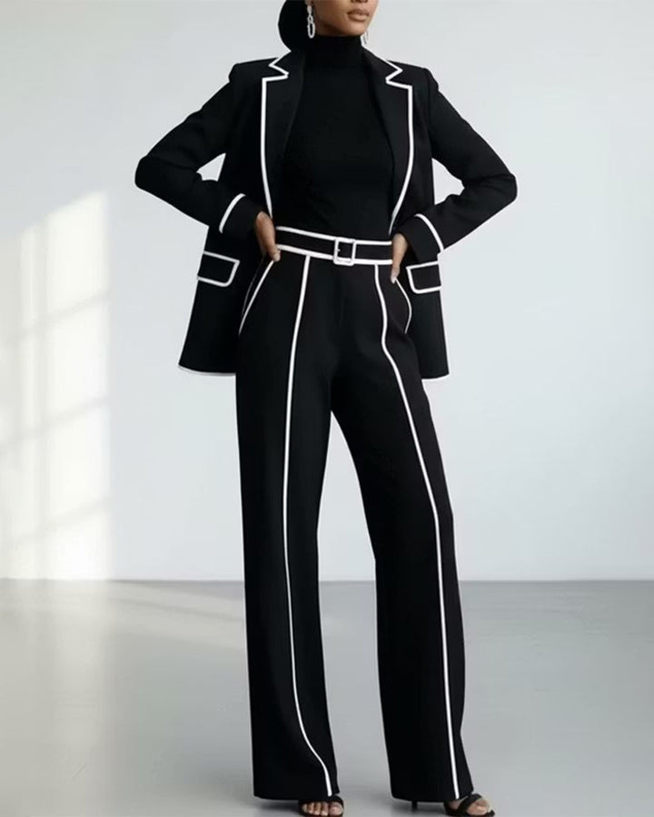 Contrast Piping Single Button Blazer And Wide Leg Pants Set