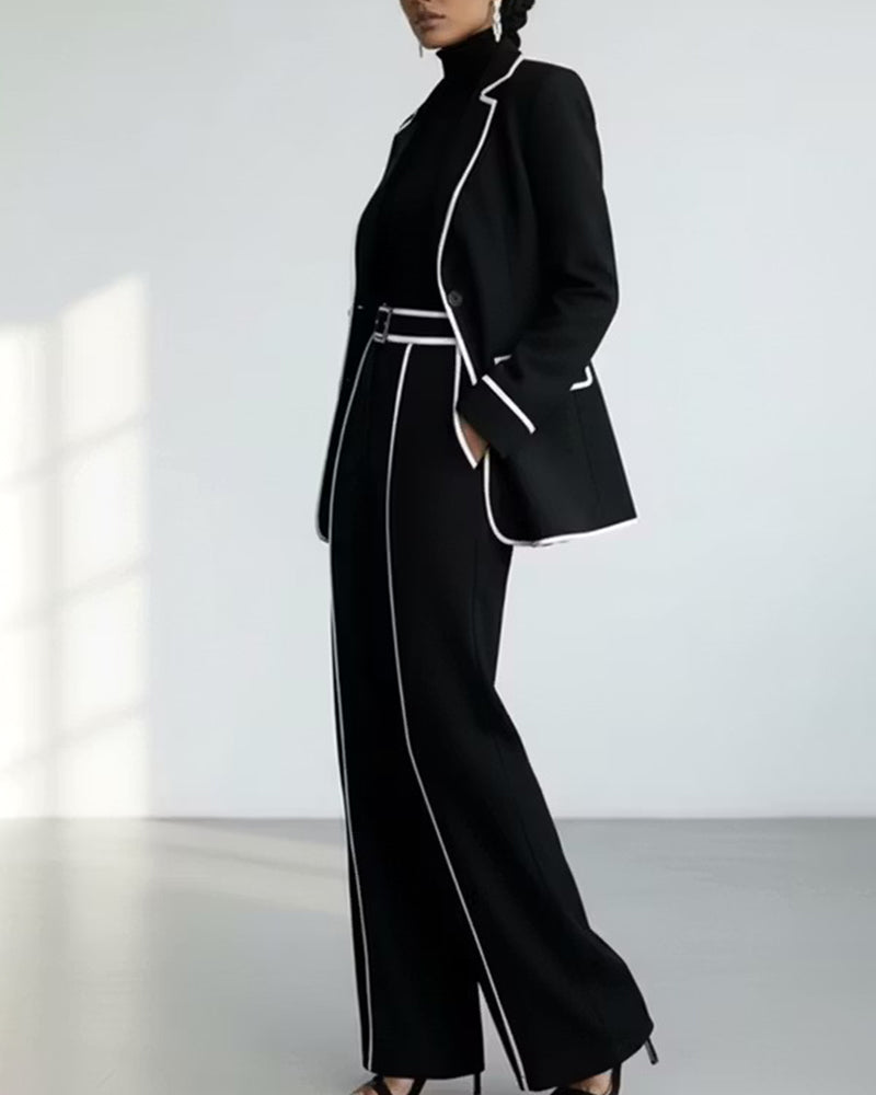 Contrast Piping Single Button Blazer And Wide Leg Pants Set
