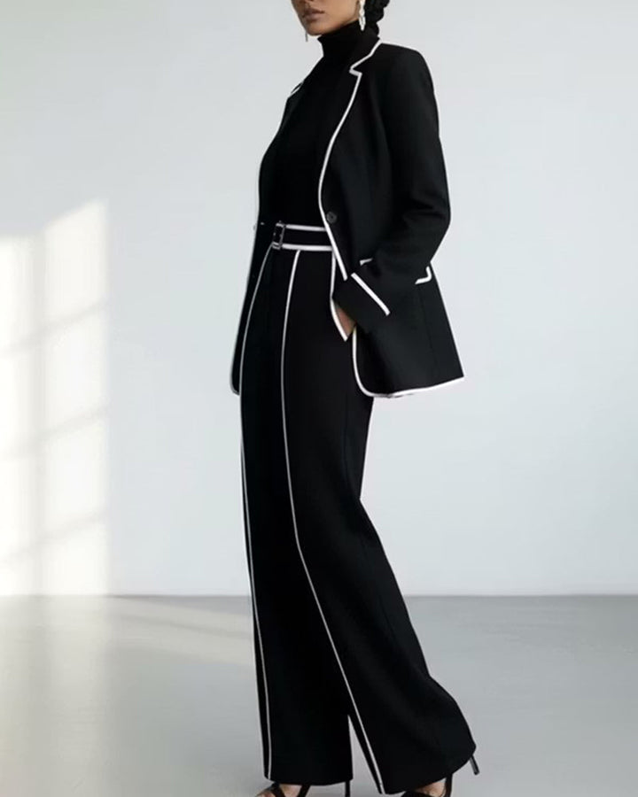 Contrast Piping Single Button Blazer And Wide Leg Pants Set