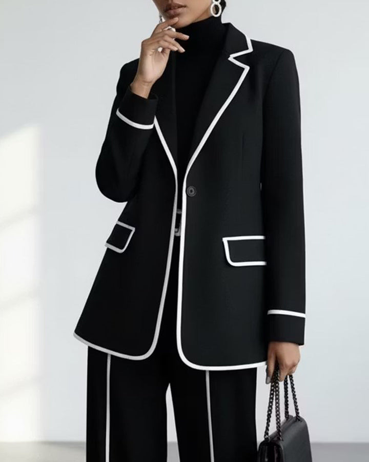 Contrast Piping Single Button Blazer And Wide Leg Pants Set