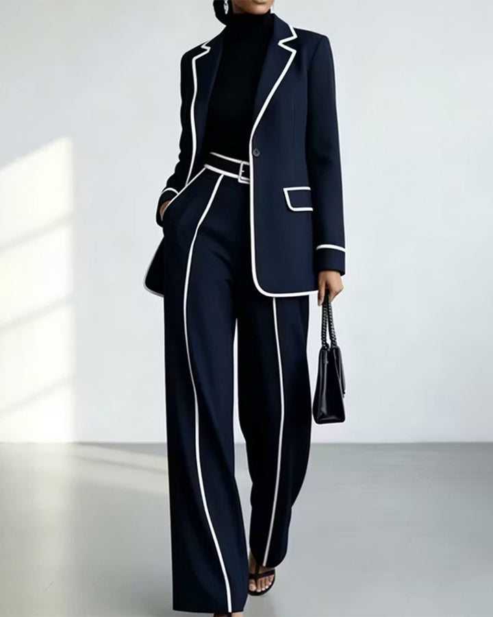 Contrast Piping Single Button Blazer And Wide Leg Pants Set