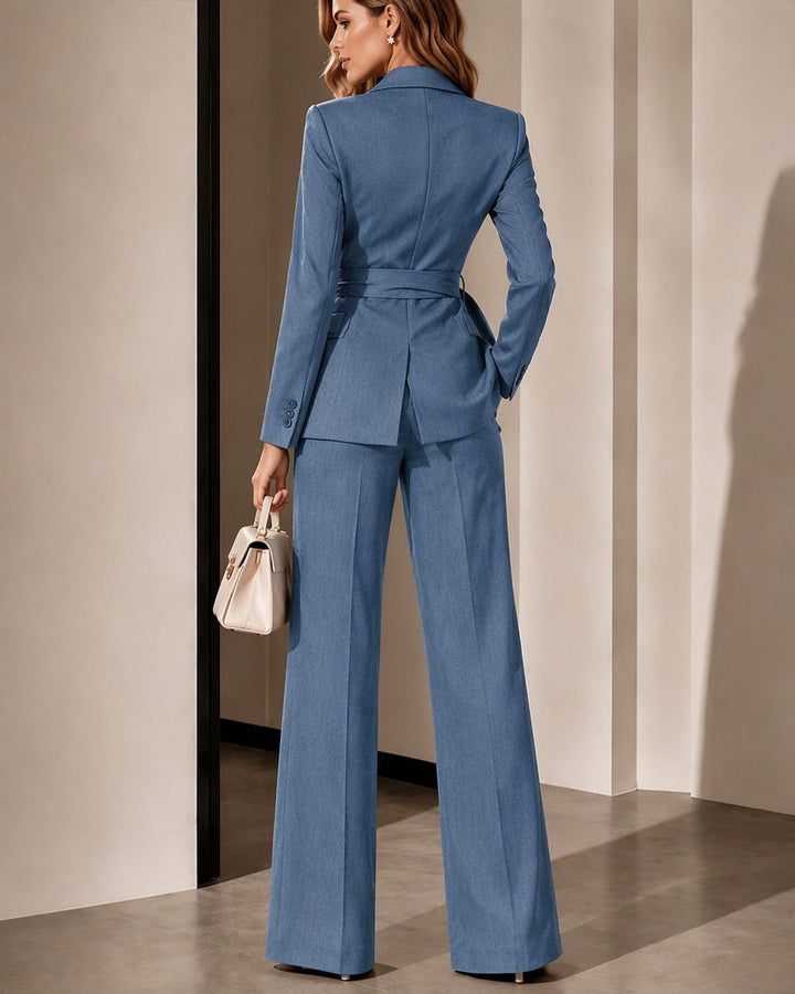 Office-Chic Style Wrap Tie-Waist Blazer Trousers Set