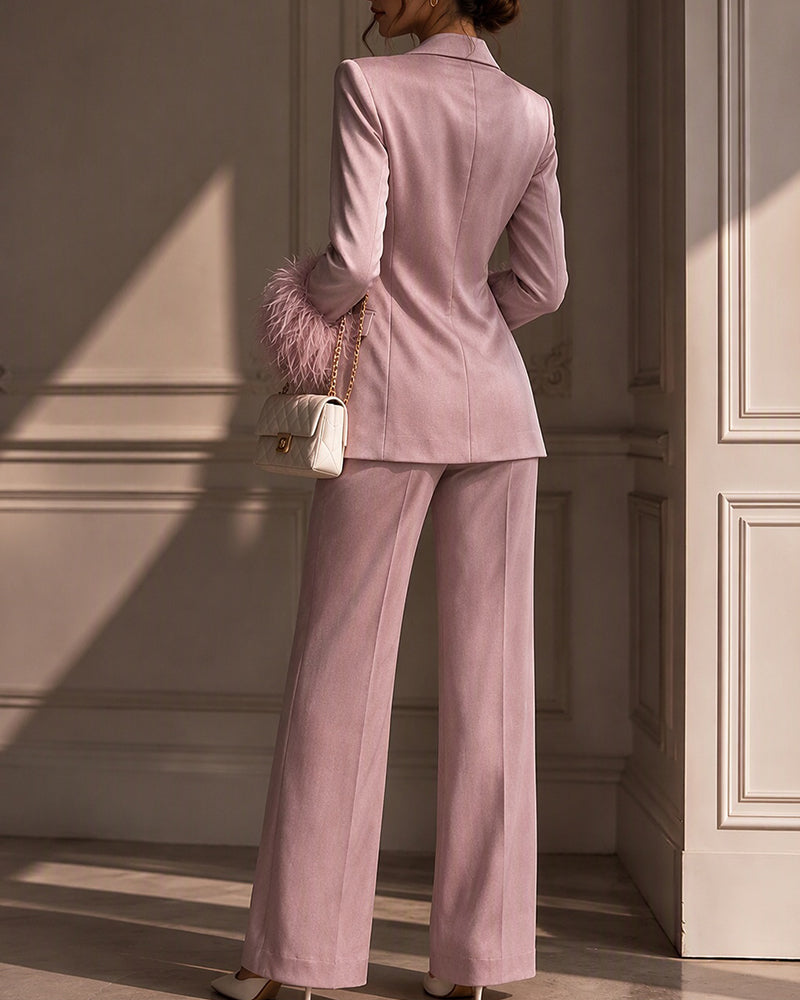 Elegant Feather Cuffs Blazer and Suit Pants Set