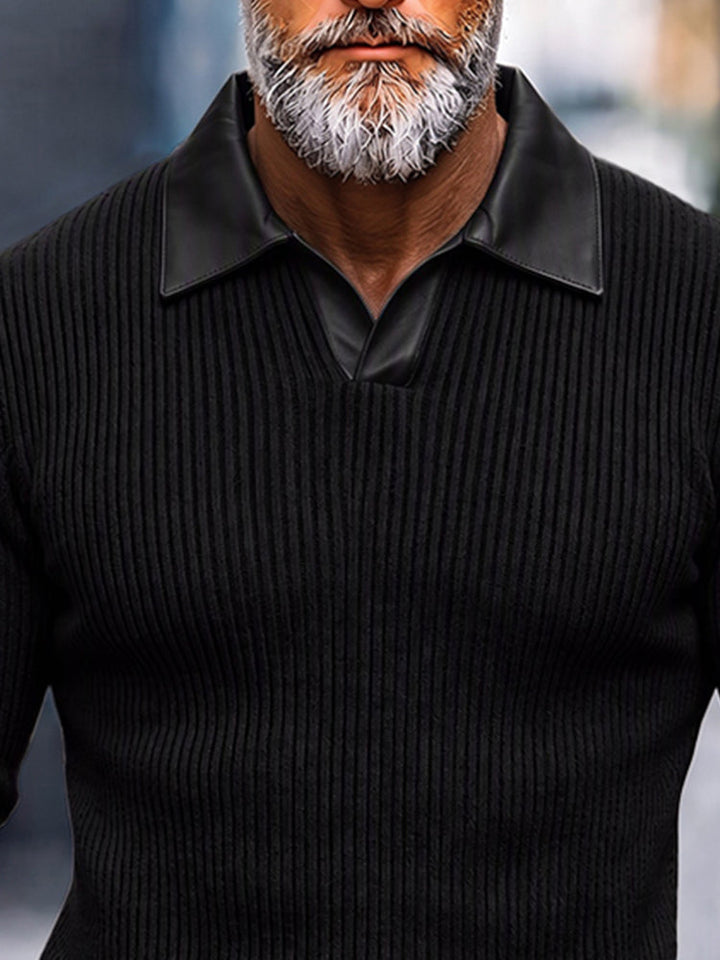 Fashion Leather Patchwork Knit Polo Top