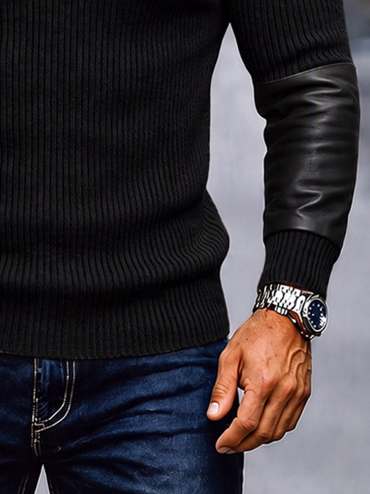 Fashion Leather Patchwork Knit Polo Top