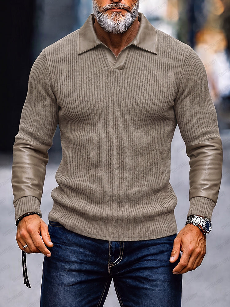 Fashion Leather Patchwork Knit Polo Top