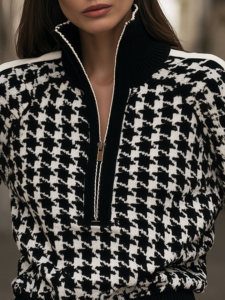 Houndstooth Quarter-Zip Knit Sweater