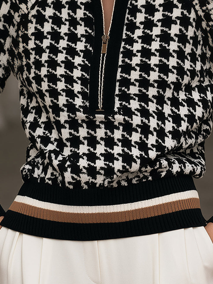 Houndstooth Quarter-Zip Knit Sweater