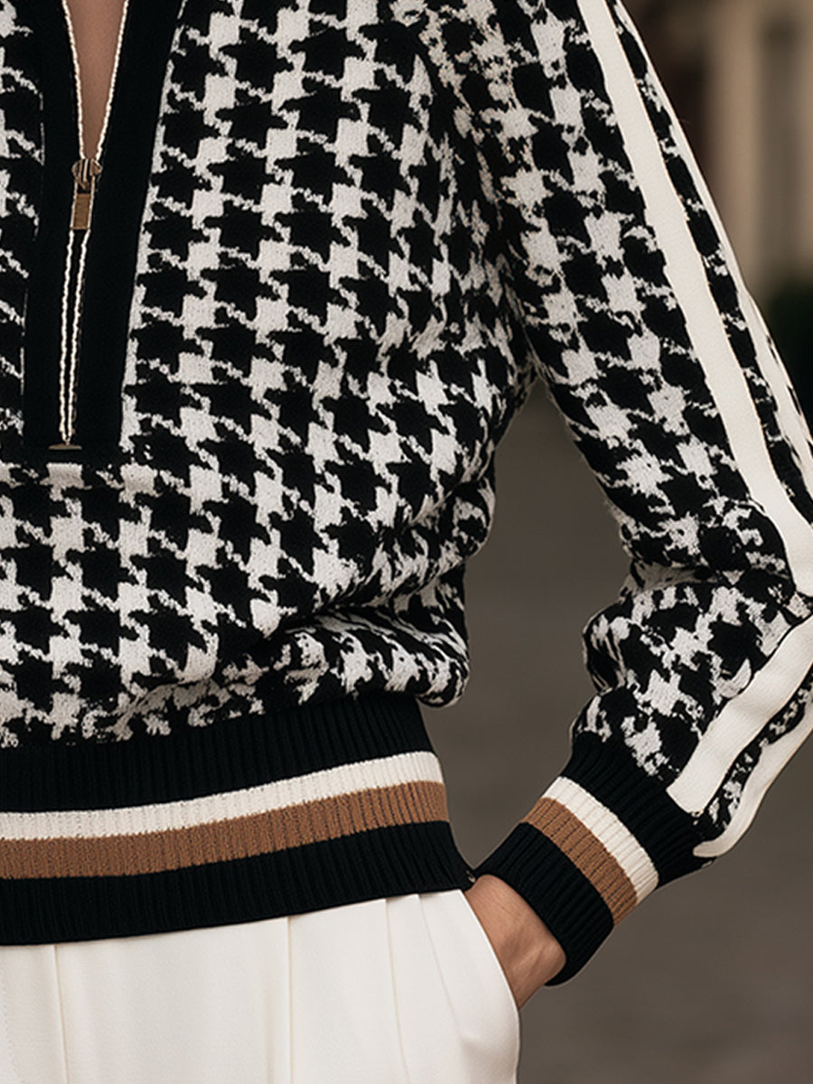 Houndstooth Quarter-Zip Knit Sweater