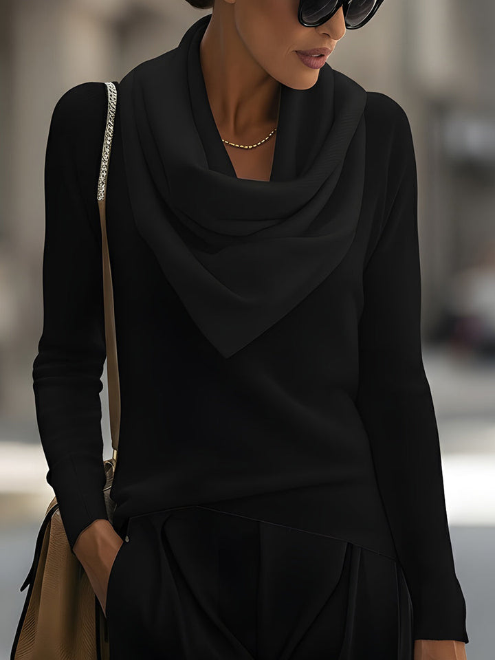 Draped Cowl Neck Long-Sleeve Top