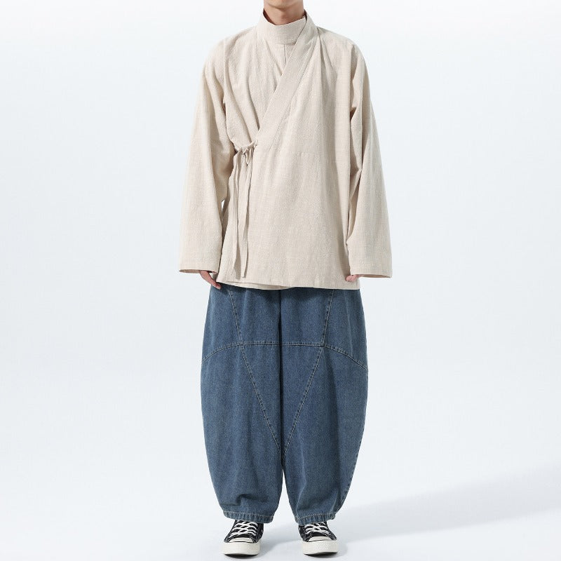 Loose Cotton Cross Front Side Tie Shirt Hanfu