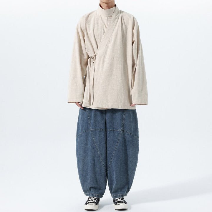Loose Cotton Cross Front Side Tie Shirt Hanfu