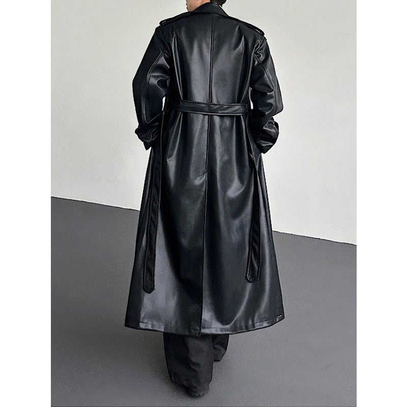 Double Breasted Belted PU Leather Long Trench Coat