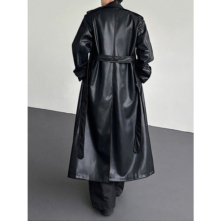 Double Breasted Belted PU Leather Long Trench Coat