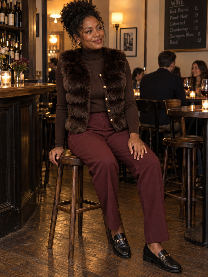 Turtleneck Knit Sweater And Faux Fur Vest Two-Piece Set