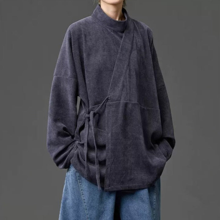 Corduroy Curved Collar Diagonal Placket Loose Hanfu Cardigan