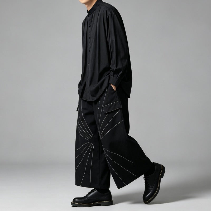 Japanese Draped Loose Long Sleeve Shirt Contrast Line High-waist Loose Wide-leg Pants Two-piece Set