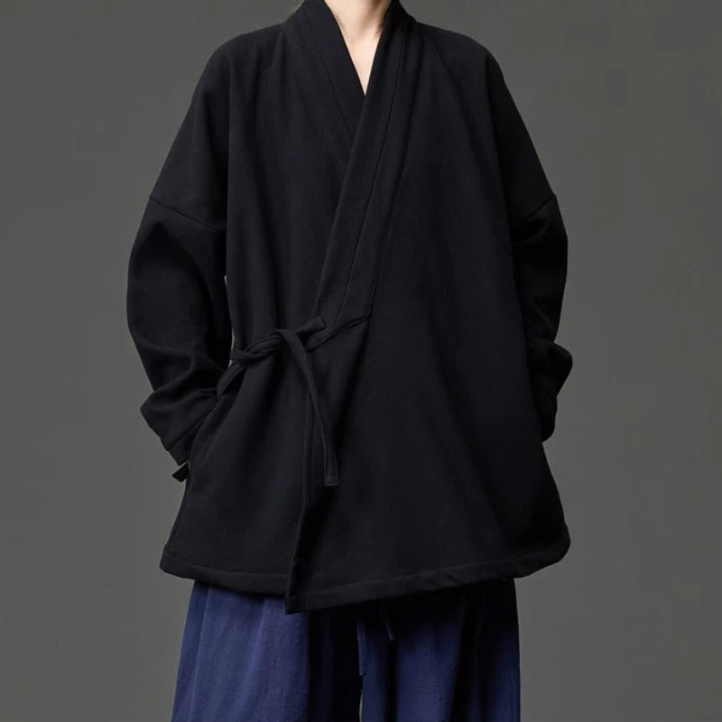 Fleece Lined Diagonal Placket Loose Hanfu Cardigan