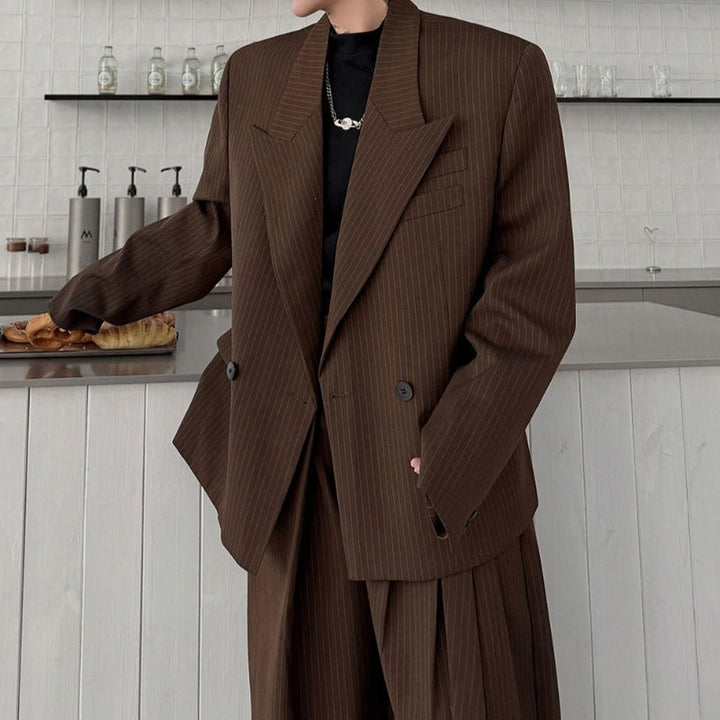 Pinstripe Ribbon Tape Accent Oversized Blazer Wide-leg Trousers Two-piece Set