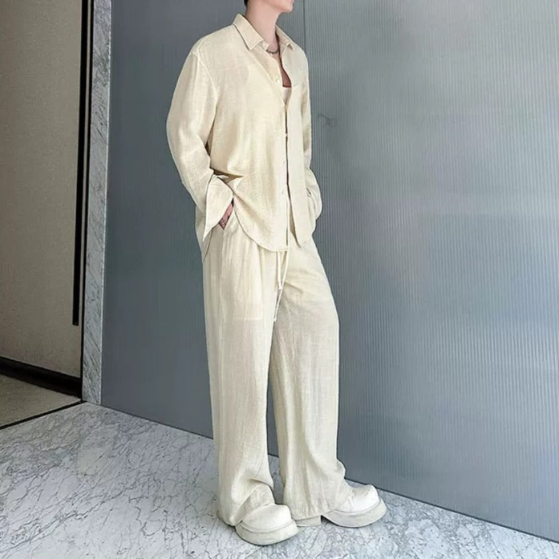 Cotton-Linen Long-Sleeve Shirt Wide-Leg Pant Casual Two-piece Set
