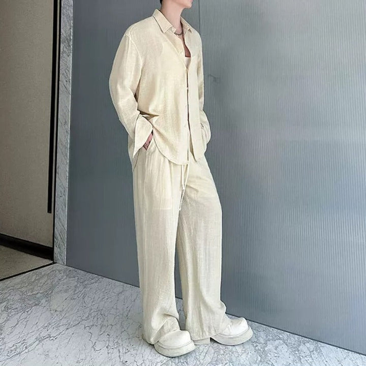 Cotton-Linen Long-Sleeve Shirt Wide-Leg Pant Casual Two-piece Set
