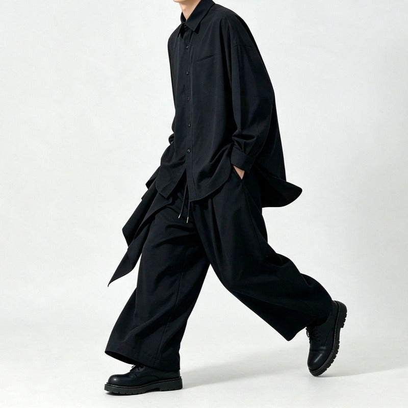 Japanese Draped Asymmetric Hem Long Sleeve Shirt Wide-leg Pants Two-piece Set
