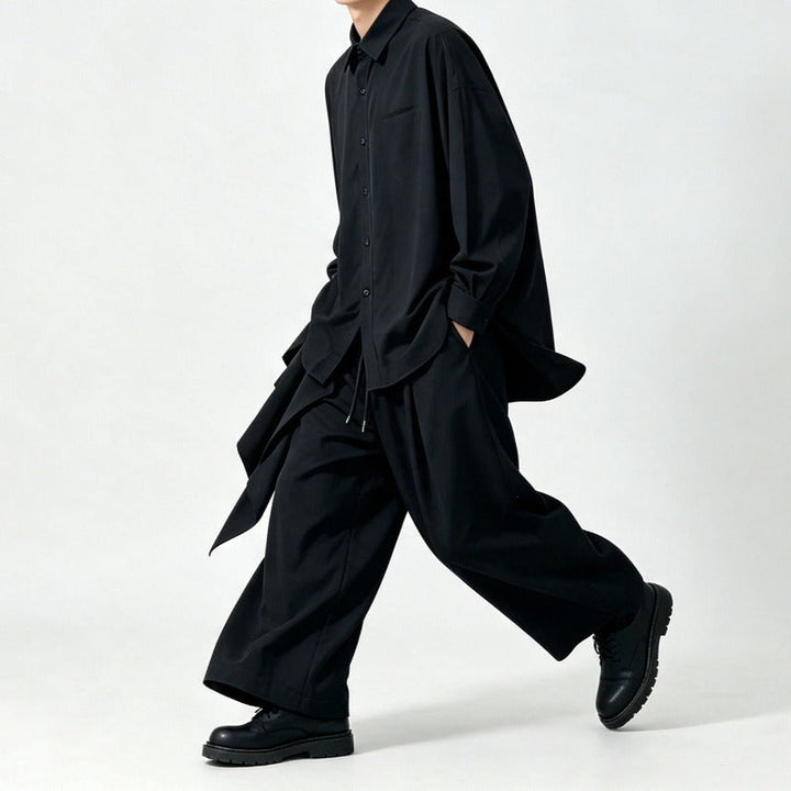Japanese Draped Asymmetric Hem Long Sleeve Shirt Wide-leg Pants Two-piece Set