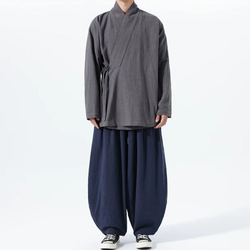 Loose Cotton Layered Cross Front Side Tie Shirt Hanfu