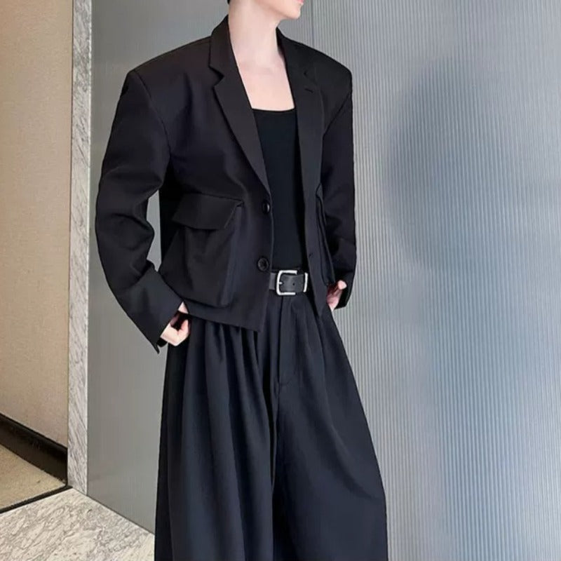 Cropped Flap Pocket Blazer Draped Pleated Cuffed Wide-leg Trousers Two-piece Set