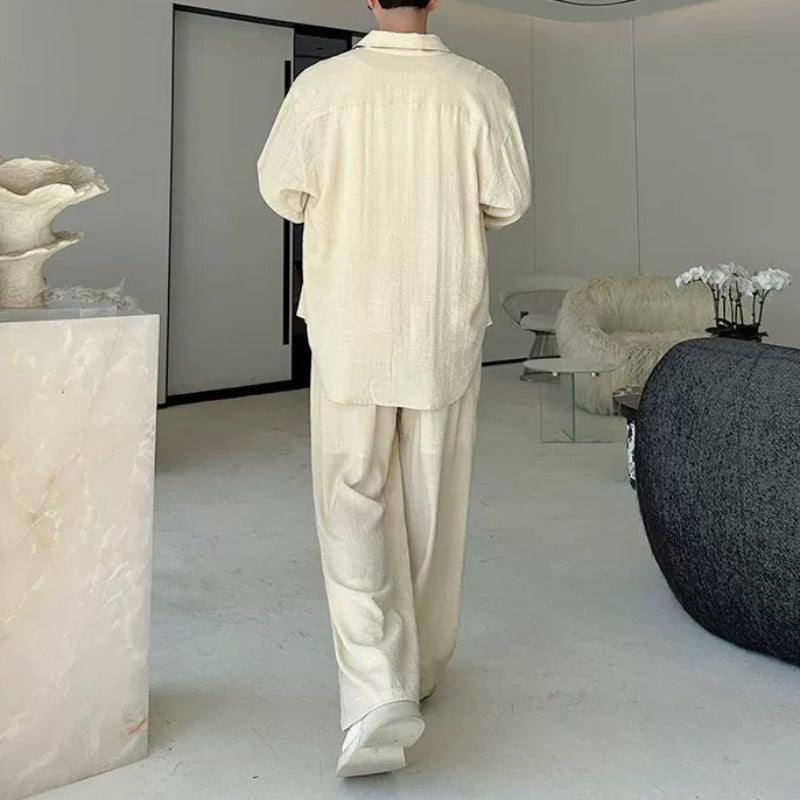 Cotton-Linen Long-Sleeve Shirt Wide-Leg Pant Casual Two-piece Set
