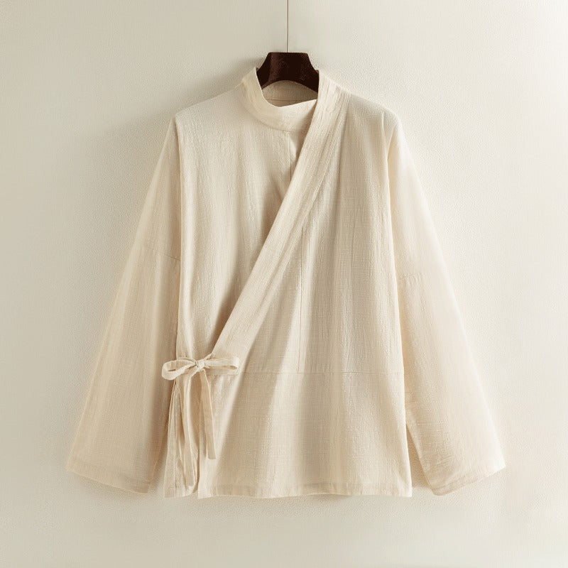 Cotton Textured Cross Collar Wrap Side Tie Loose Cardigan