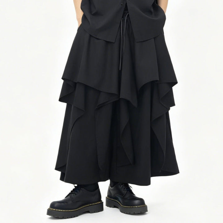 Japanese High-waist Asymmetrical Ruffle Wide-leg Skirt-pants