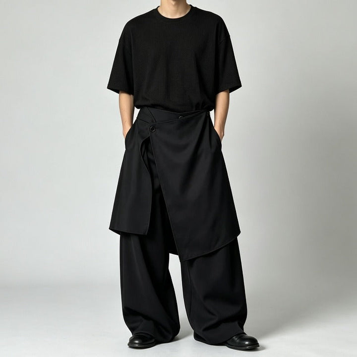 Japanese Loose High-waist Asymmetric Apron Layered Skirt-pants