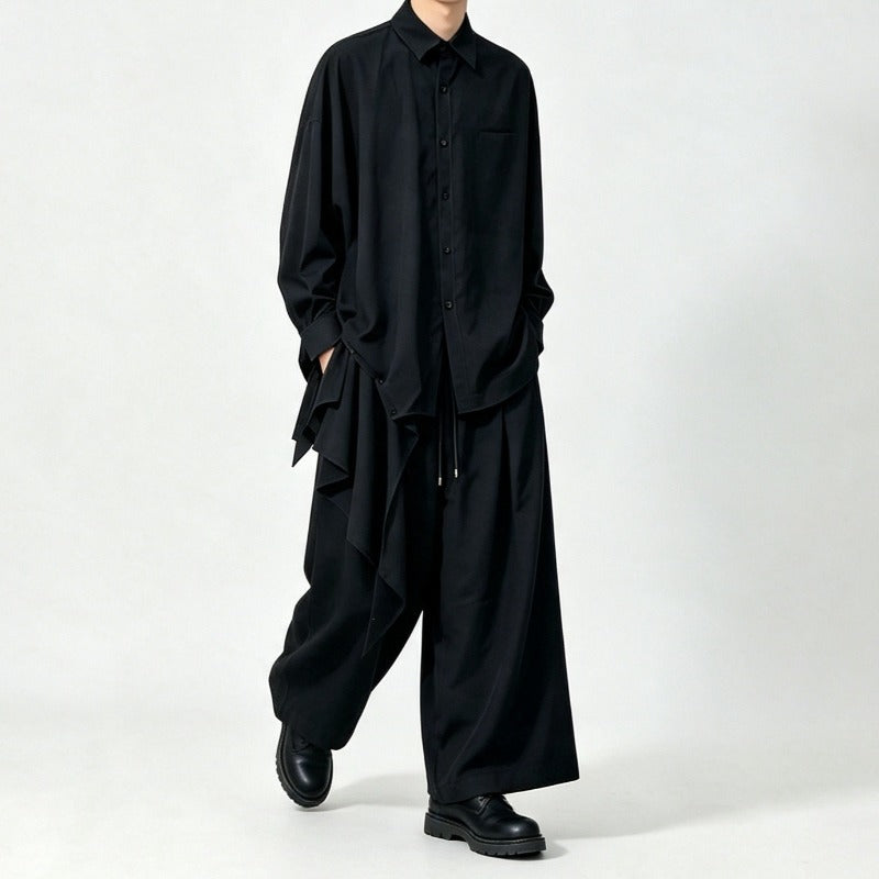Japanese Draped Asymmetric Hem Long Sleeve Shirt Wide-leg Pants Two-piece Set