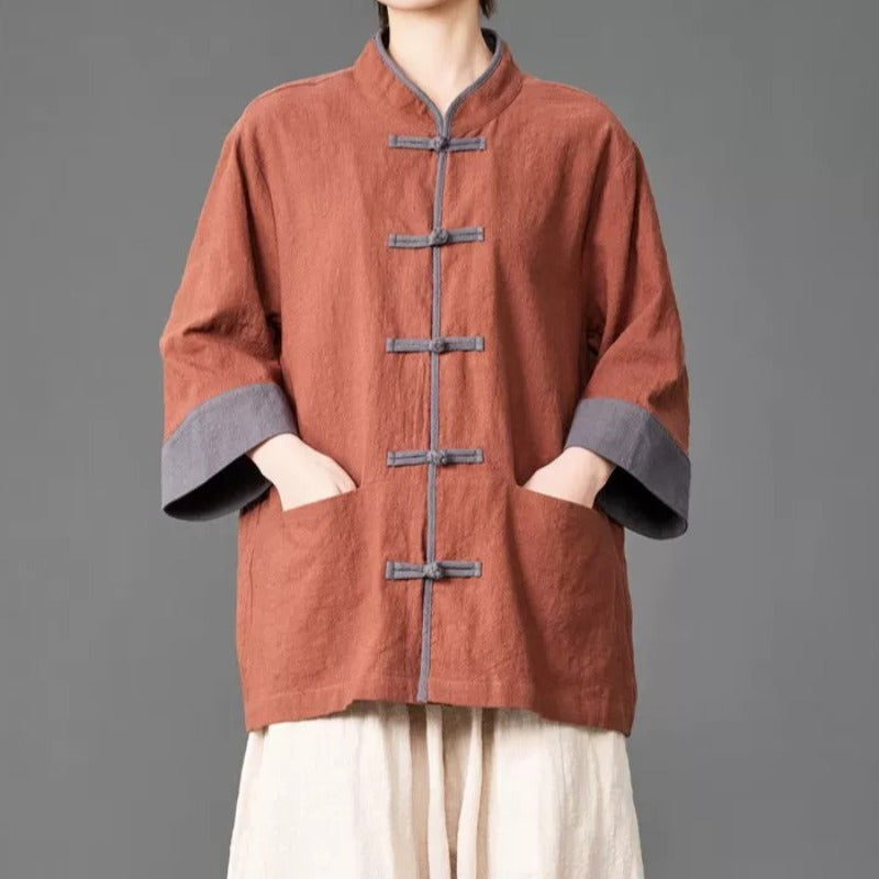 Cotton Linen Three Quarter Sleeve Frog Button Taichi Shirt