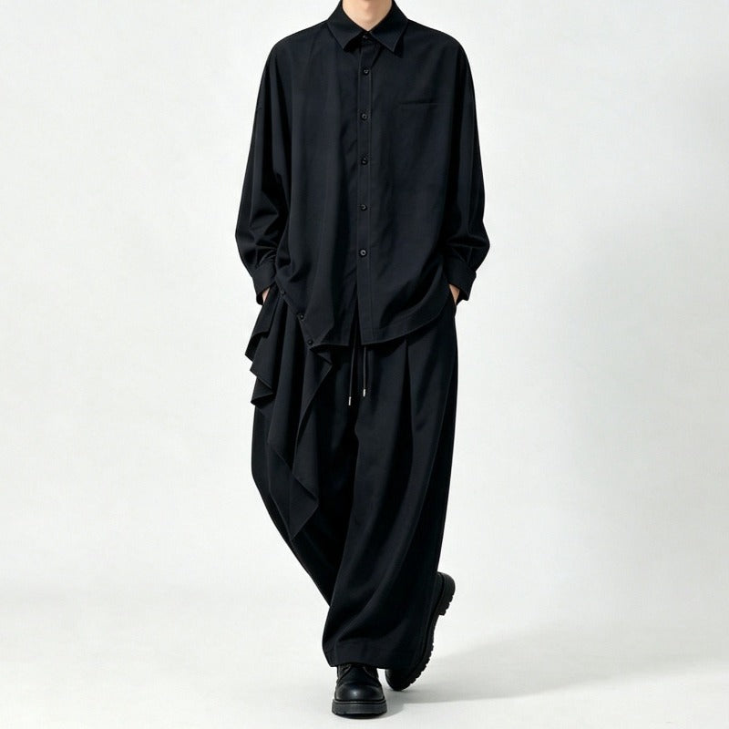 Japanese Draped Asymmetric Hem Long Sleeve Shirt Wide-leg Pants Two-piece Set