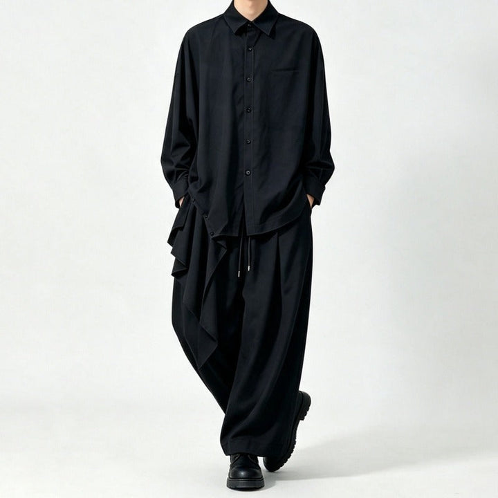 Japanese Draped Asymmetric Hem Long Sleeve Shirt Wide-leg Pants Two-piece Set